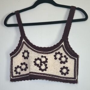 Women Knit Sleeveless Sweater Vest Crochet Floral Contrast Color Camisole